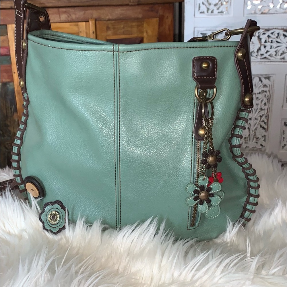 CHALA Handbags.Soft, Large Shoulder or Crossbody Purse with Keyfob-Teal Green
